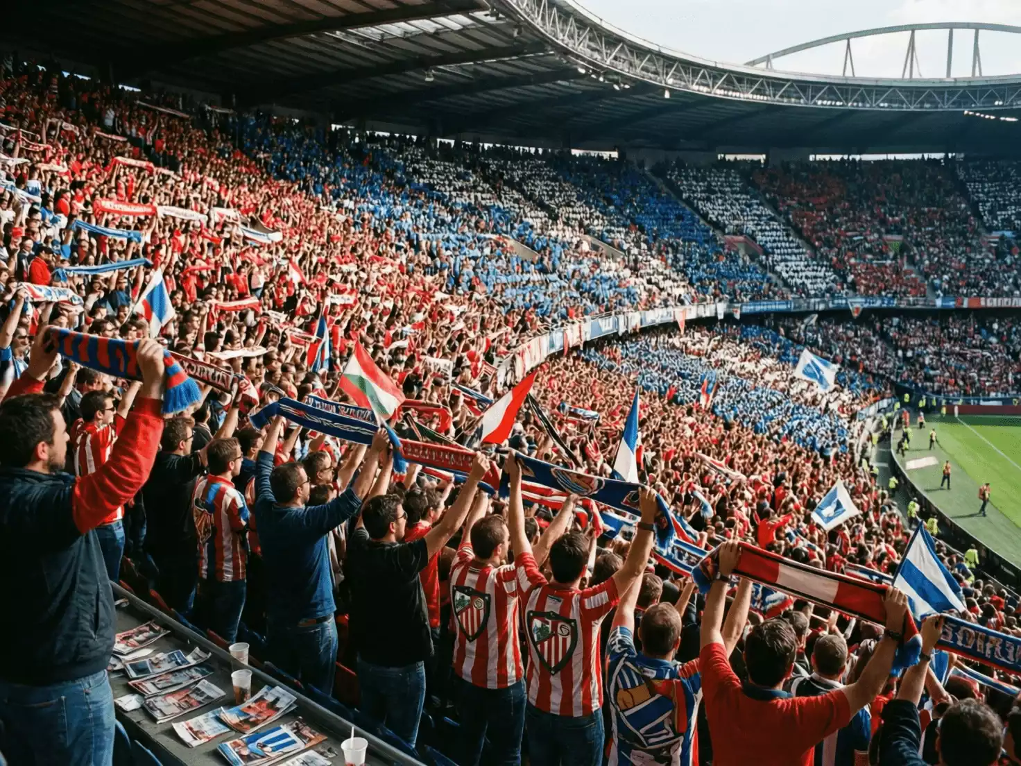 Aficionados del Athletic Club y Real Sociedad mostrando sus colores durante un derbi