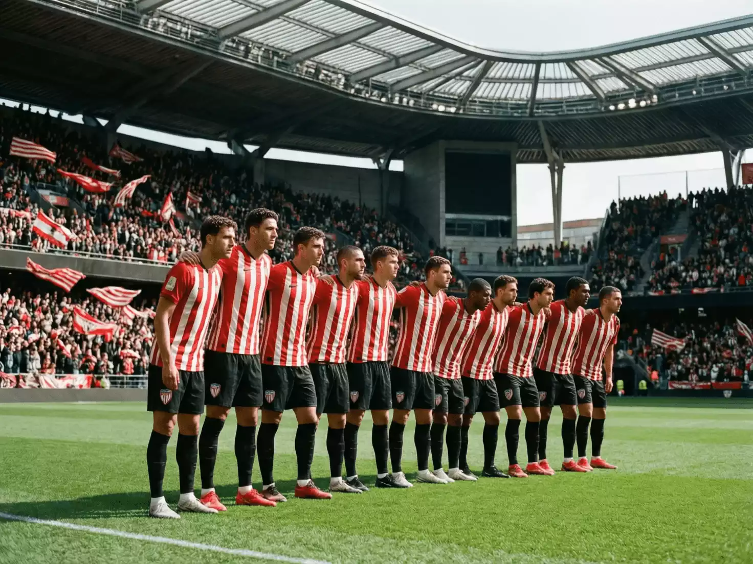 Jugadores del Athletic Club formando antes del inicio de un partido en San Mam&eacute;s
