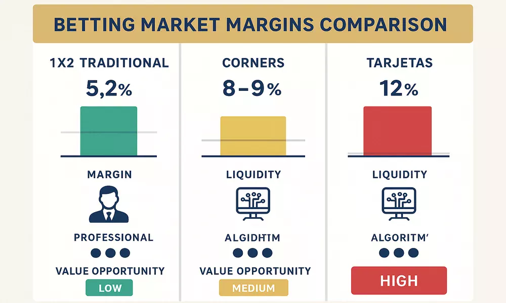 Comparaci&oacute;n de m&aacute;rgenes entre mercados tradicionales y ex&oacute;ticos mostrando 1X2 al 5.2%, c&oacute;rners 8-9% y tarjetas 12% con oportunidades de value