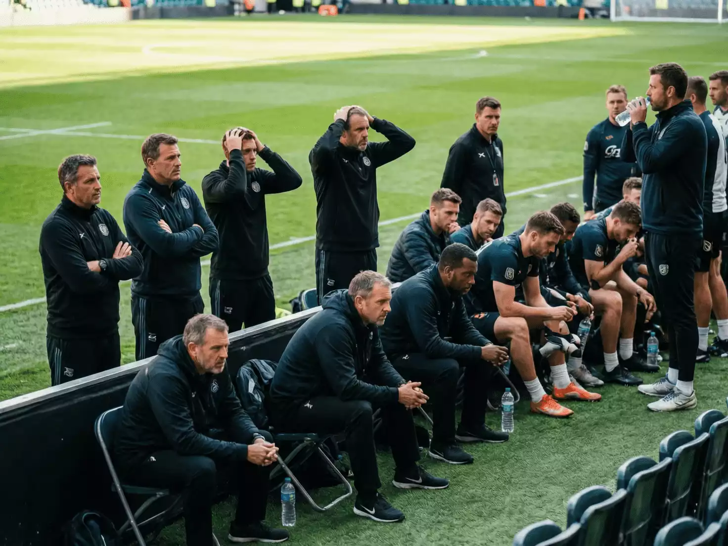 Banquillo del Athletic Club durante un partido de f&uacute;tbol con el cuerpo t&eacute;cnico observando