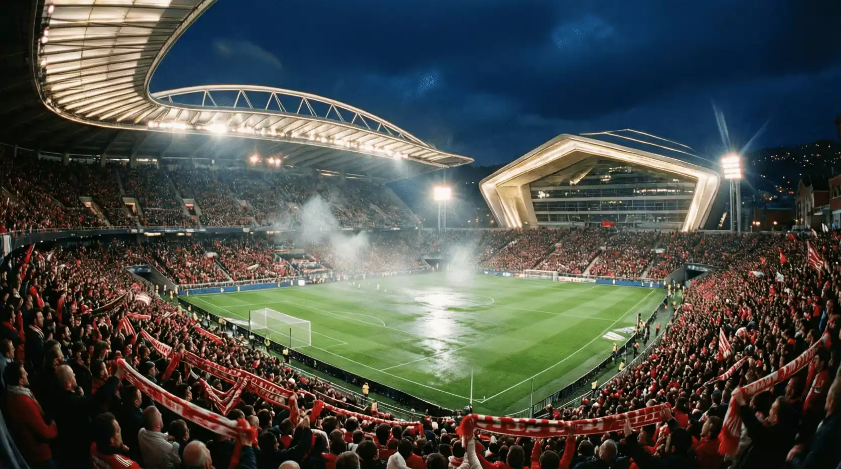 Estadio San Mamés iluminado para un partido de competición europea nocturna
