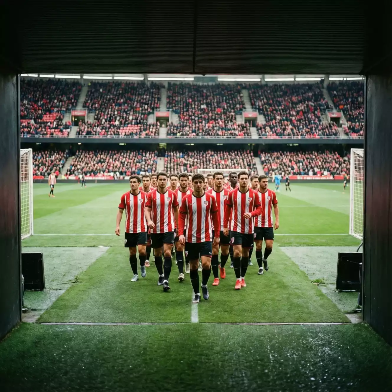 Jugadores del Athletic Club en un estadio rival antes de un partido