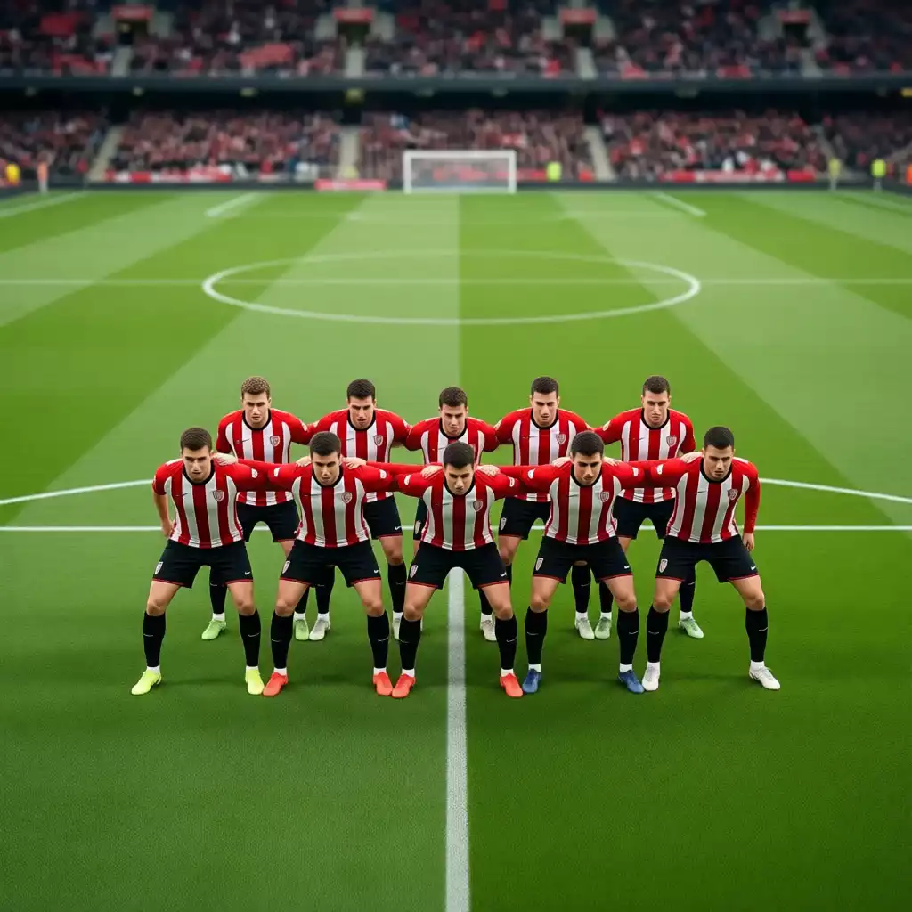 L&iacute;nea defensiva del Athletic Club en formaci&oacute;n compacta durante un partido fuera de casa