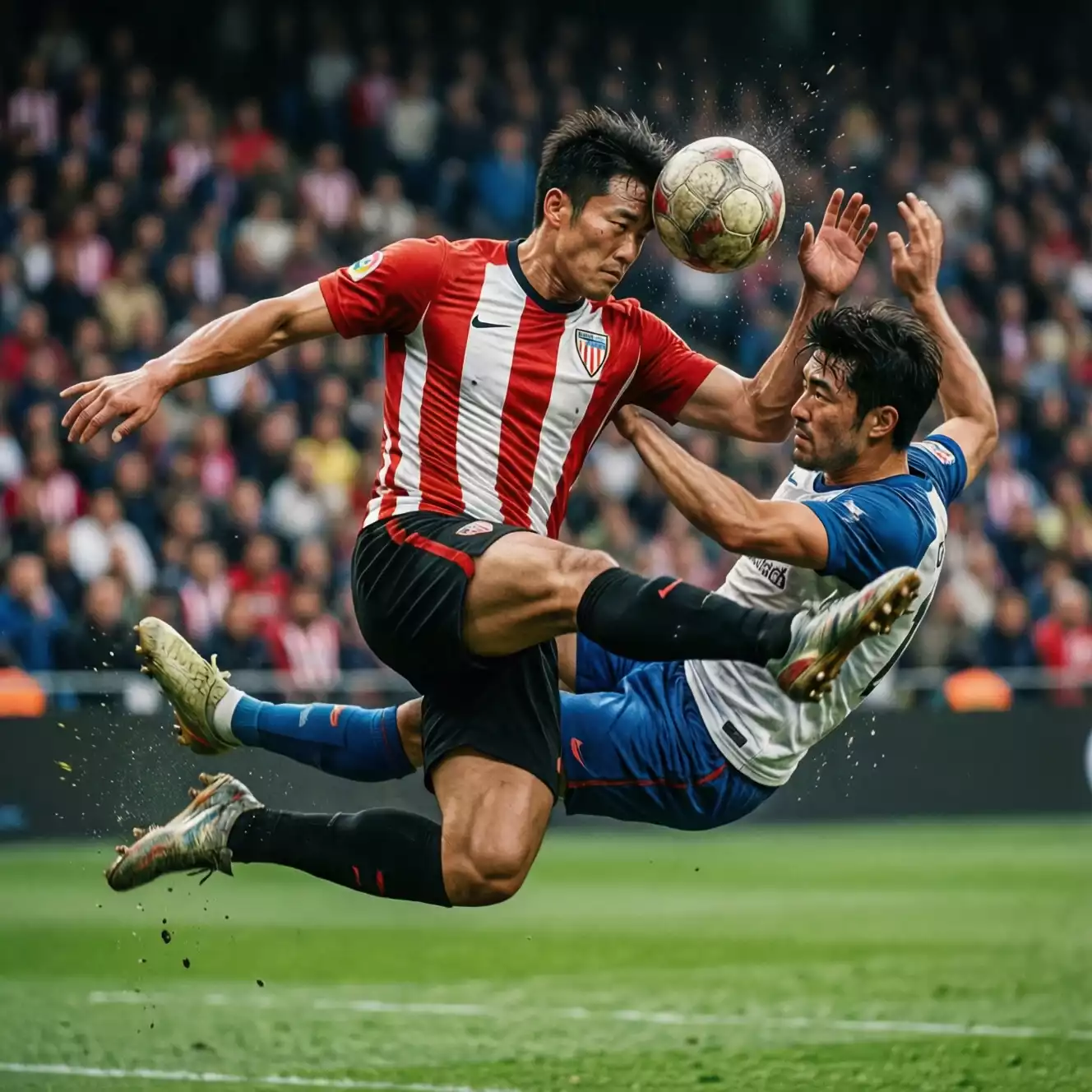 Defensa central del Athletic Club disputando un balón aéreo en un partido de LaLiga