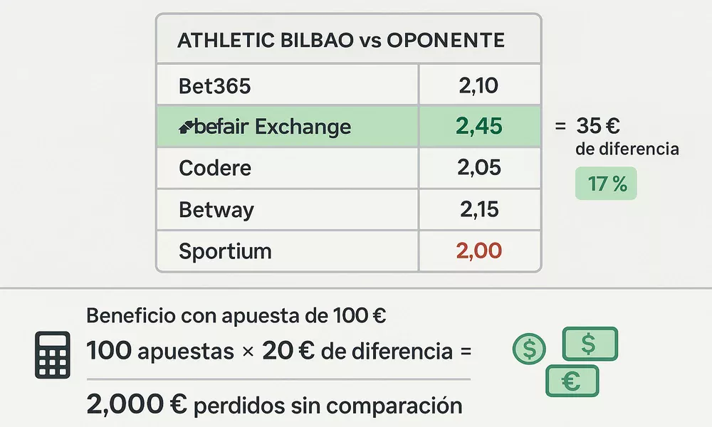 Comparaci&oacute;n de cuotas entre casas de apuestas mostrando diferencias del 10-20% en el mismo mercado Athletic Bilbao con ejemplos de 2.10 vs 2.45