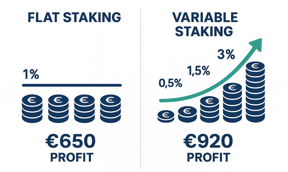Comparaci&oacute;n visual entre sistema flat staking al 1% y sistema de stakes variables mostrando diferencias de rentabilidad y crecimiento de bankroll