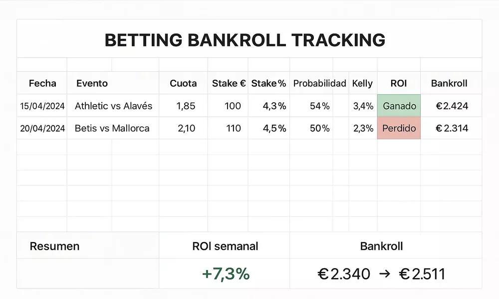 Ejemplo de hoja de tracking en Excel para gesti&oacute;n de bankroll con columnas de stakes, ROI, probabilidades y bankroll actualizado