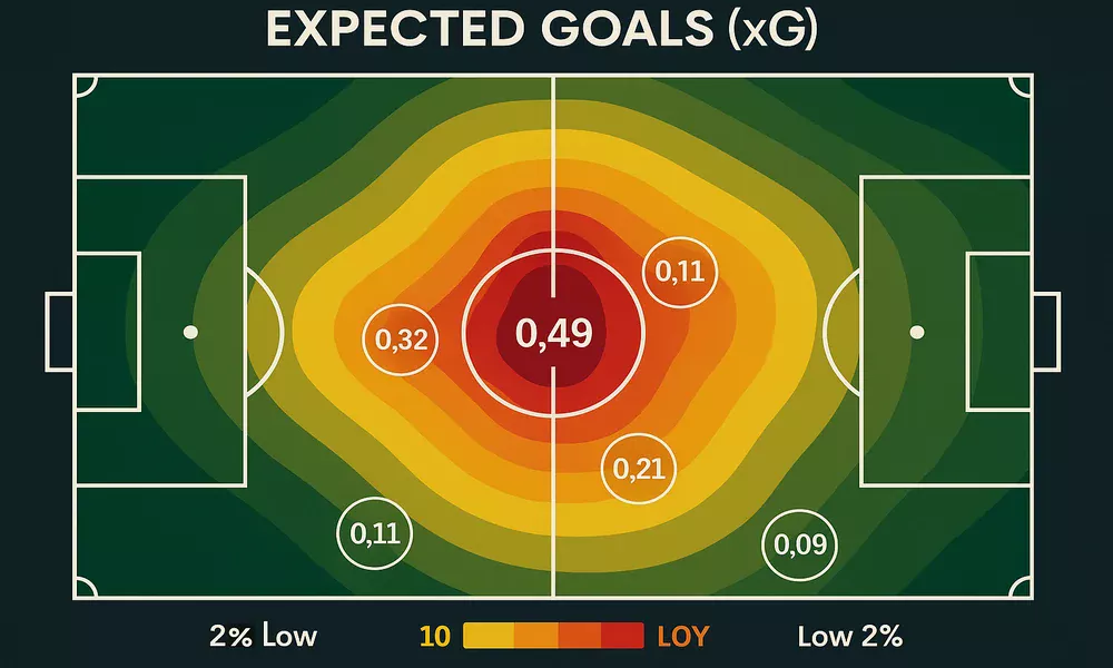 Visualizaci&oacute;n de Expected Goals xG con mapa de calor del campo de f&uacute;tbol mostrando zonas de peligro y probabilidades de gol