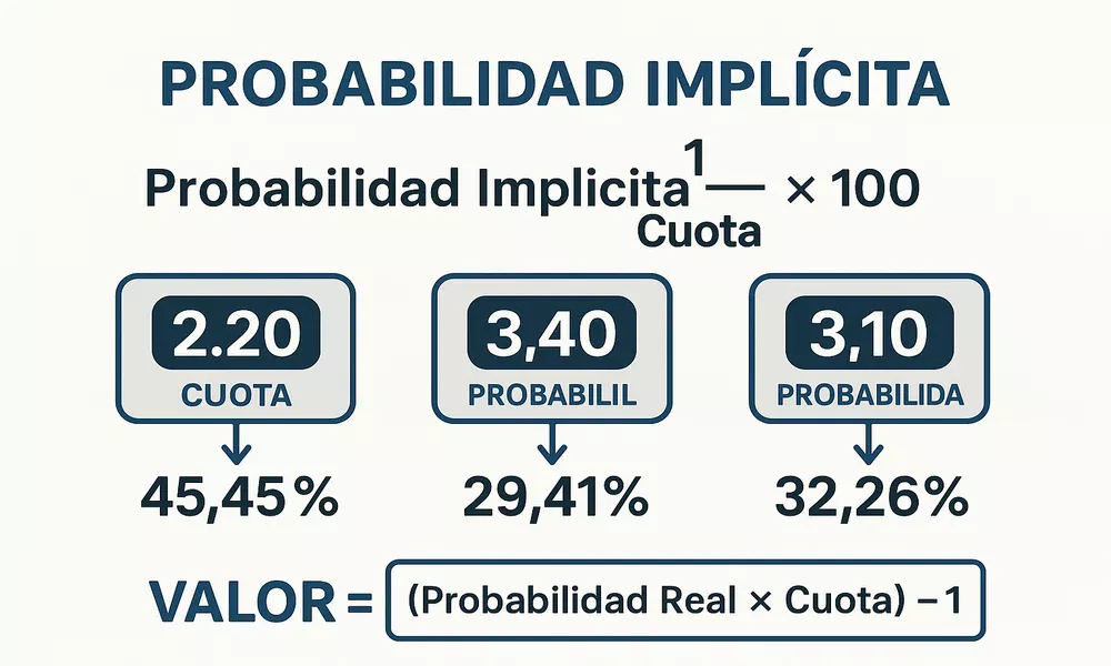 F&oacute;rmula matem&aacute;tica de probabilidad impl&iacute;cita y c&aacute;lculo de value betting con ejemplos pr&aacute;cticos de cuotas y porcentajes