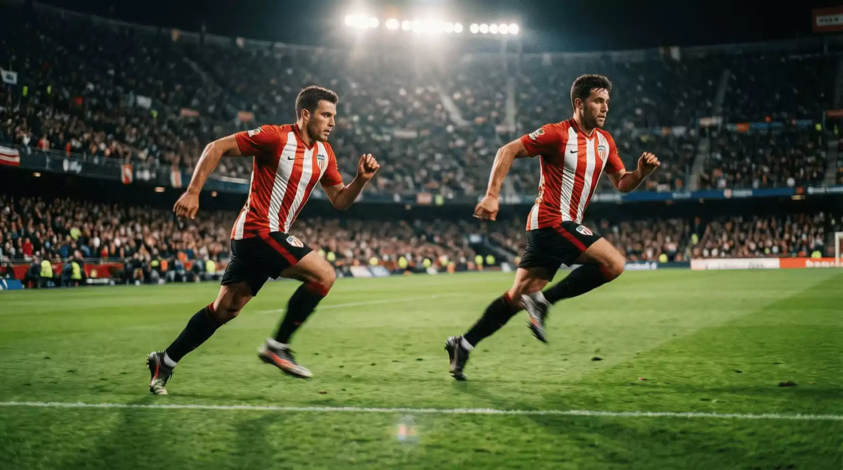 Dos extremos del Athletic Club atacando juntos durante un partido de fútbol