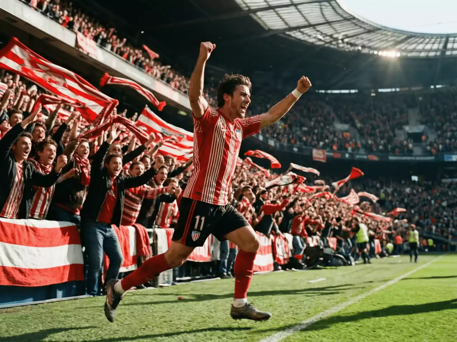 Jugador del Athletic Club celebrando un gol con la afici&oacute;n de San Mam&eacute;s