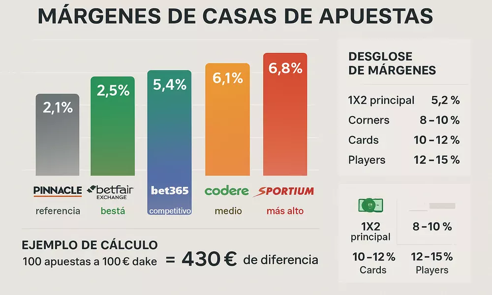 Comparaci&oacute;n de m&aacute;rgenes de casas de apuestas mostrando Bet365 5.4%, Codere 6.1%, Sportium 6.8%, Betfair Exchange 2.5% en mercado 1X2 LaLiga