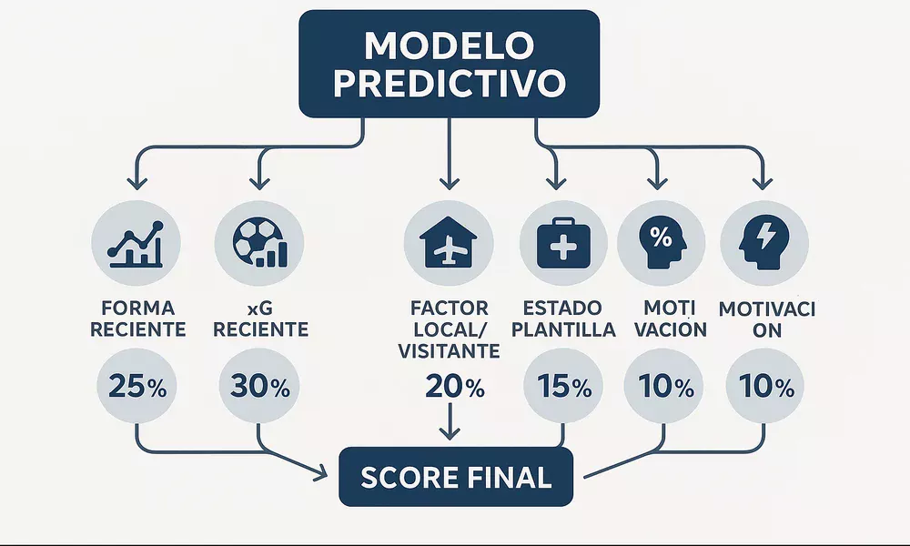 Diagrama de modelo predictivo para apuestas deportivas mostrando variables clave y pesos porcentuales de cada factor de an&aacute;lisis