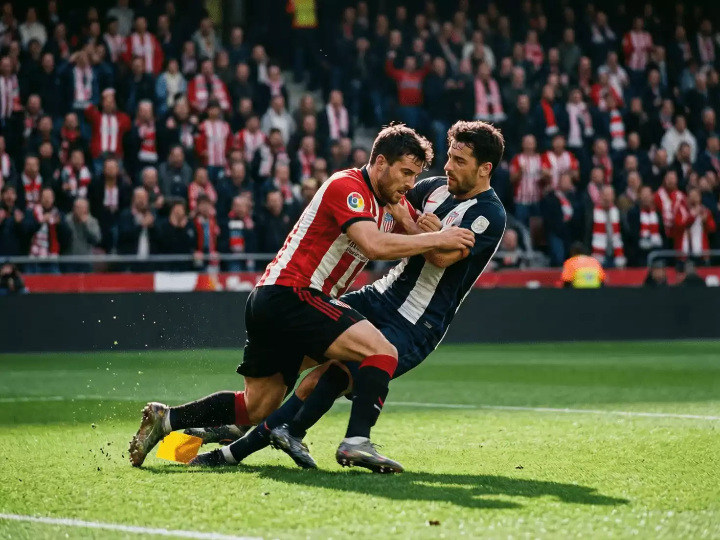 Duelo f&iacute;sico entre jugadores durante un partido de LaLiga