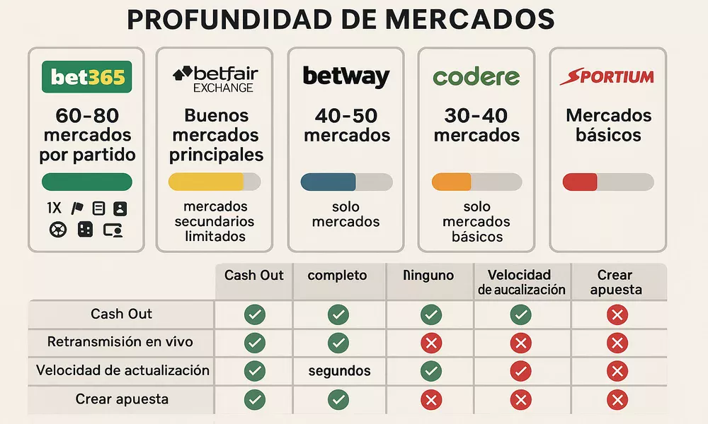 Profundidad de mercados por casa de apuestas mostrando Bet365 con 60-80 mercados, Betfair limitada en secundarios, Codere y Sportium b&aacute;sicos