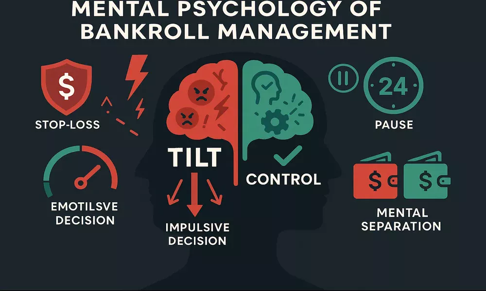 Representaci&oacute;n visual de psicolog&iacute;a del bankroll mostrando control emocional, evitar tilt y gesti&oacute;n mental del capital en apuestas deportivas