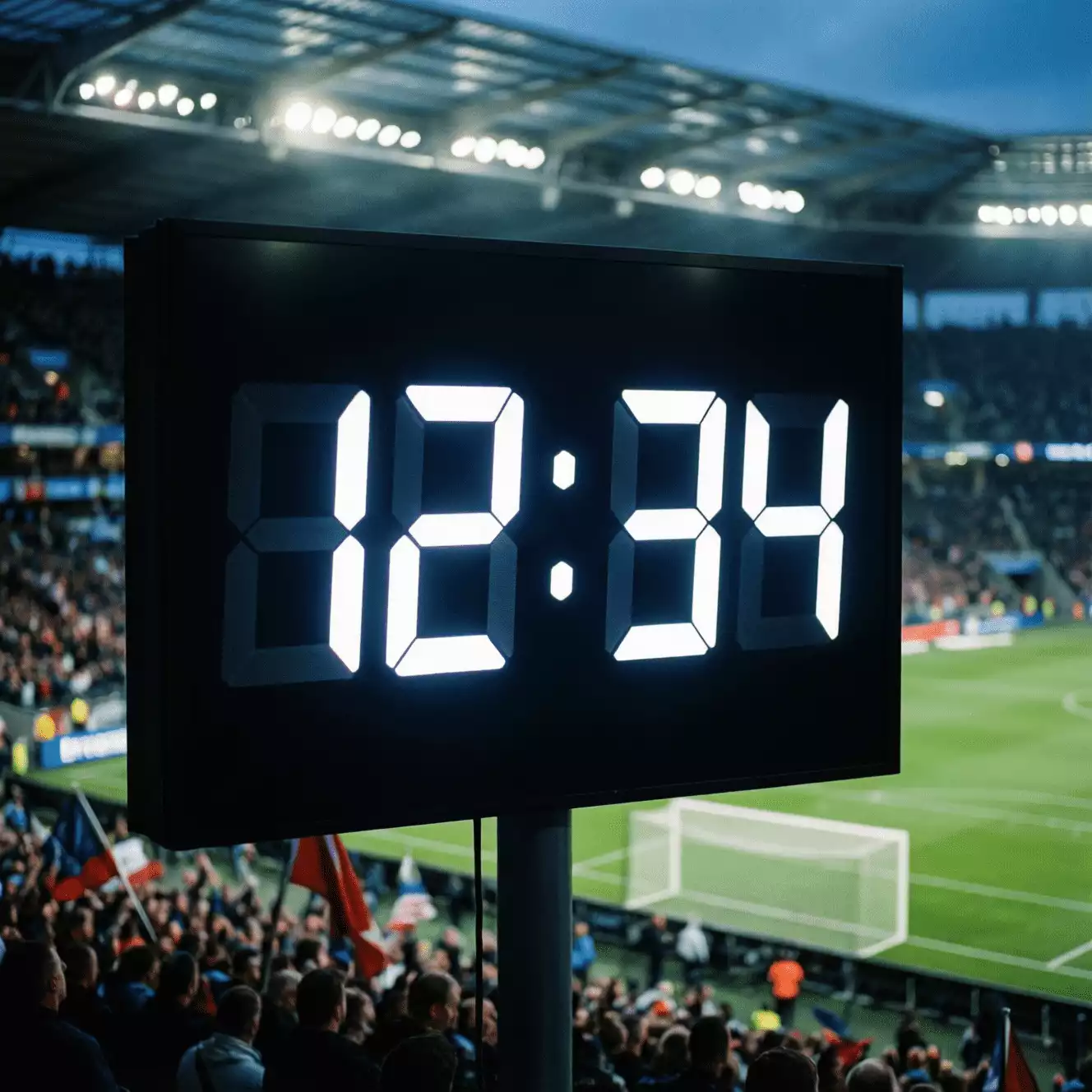 Marcador electrónico de un estadio de fútbol mostrando el tiempo de partido