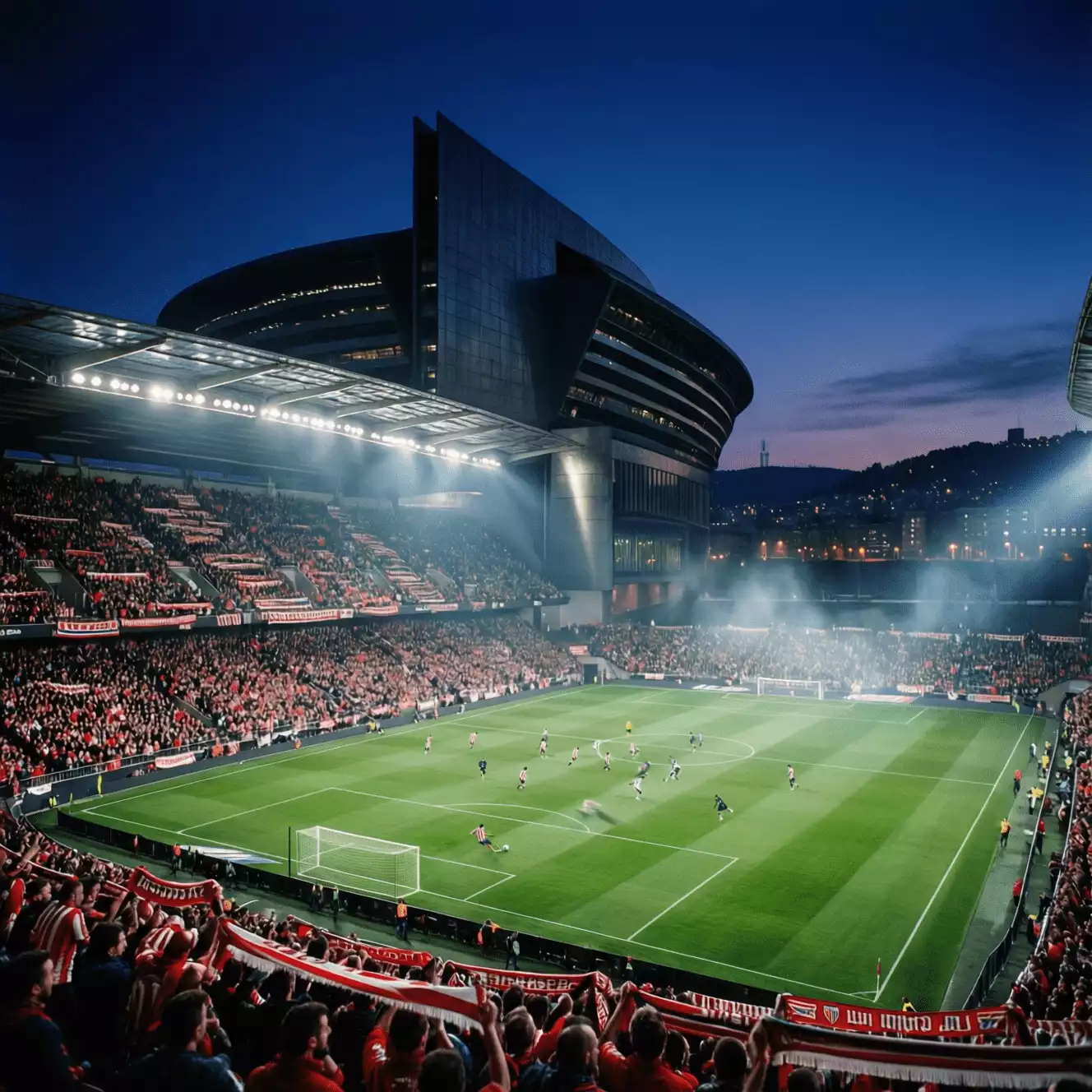 Estadio San Mamés iluminado durante un partido nocturno del Athletic Club