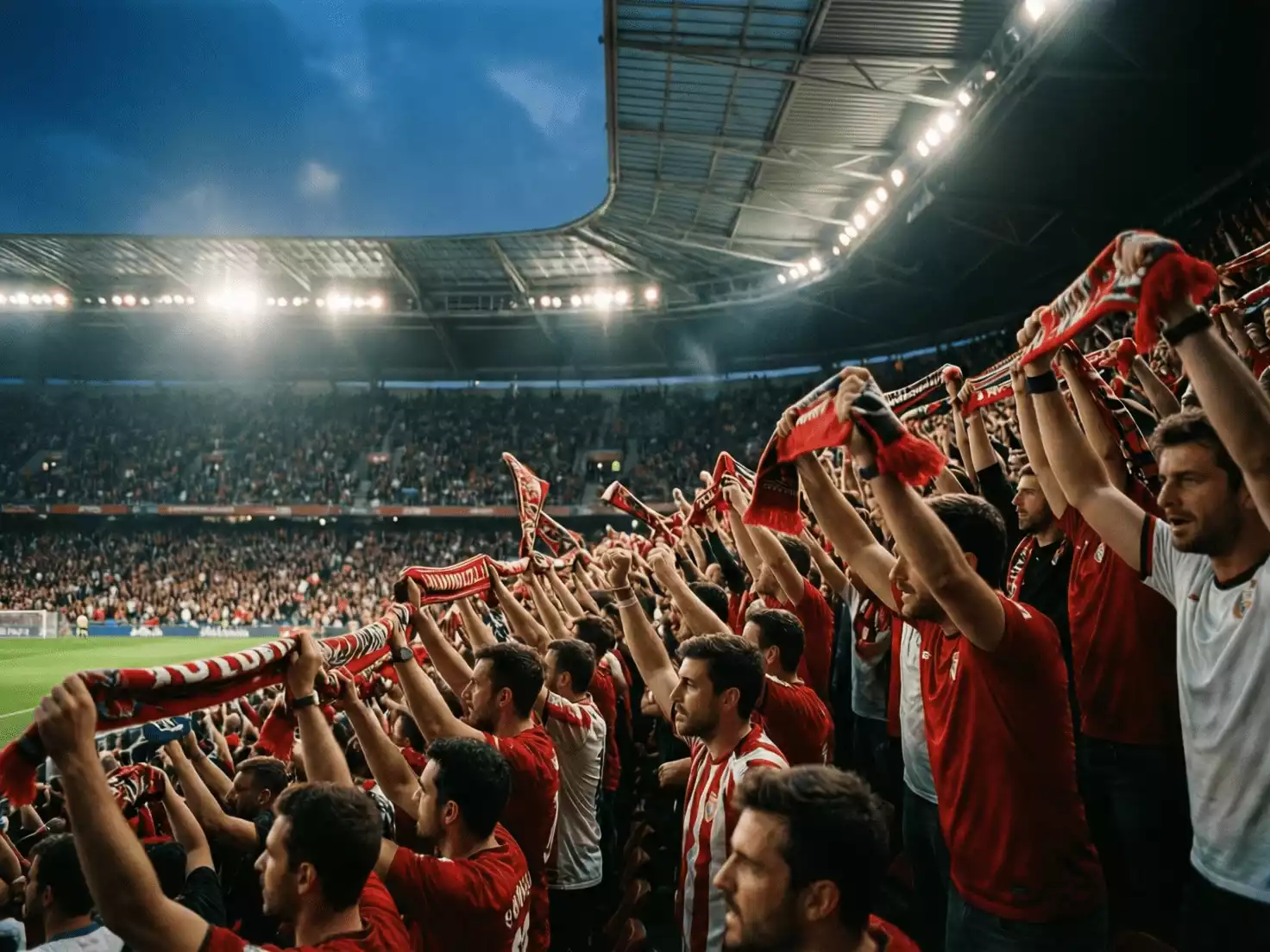 Afici&oacute;n del Athletic Club creando ambiente en San Mam&eacute;s durante un partido europeo nocturno