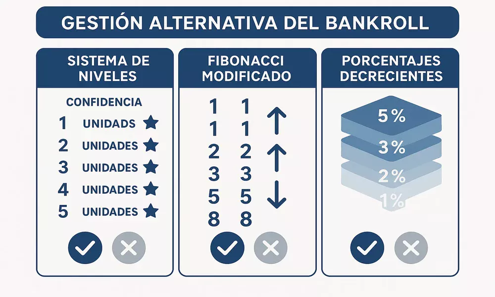 Diagrama de sistemas alternativos de gesti&oacute;n de bankroll incluyendo Fibonacci modificado y sistema de niveles de confianza con ejemplos visuales