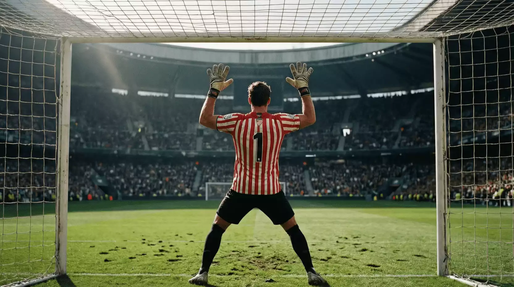 Portero del Athletic Club en posición de concentración durante un partido de LaLiga